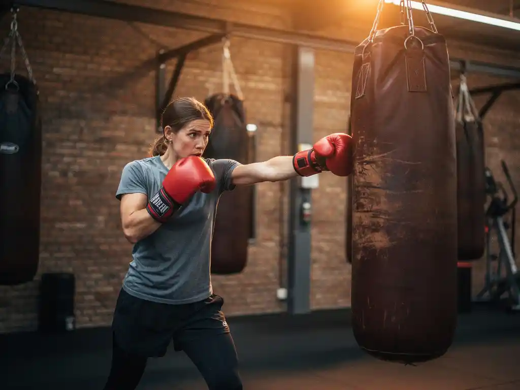 Beginner in schone sportkleding gooit eerste jab op zware bokszak in Amsterdamse gym, oversized bokshandschoenen, warme amberkleurige verlichting.