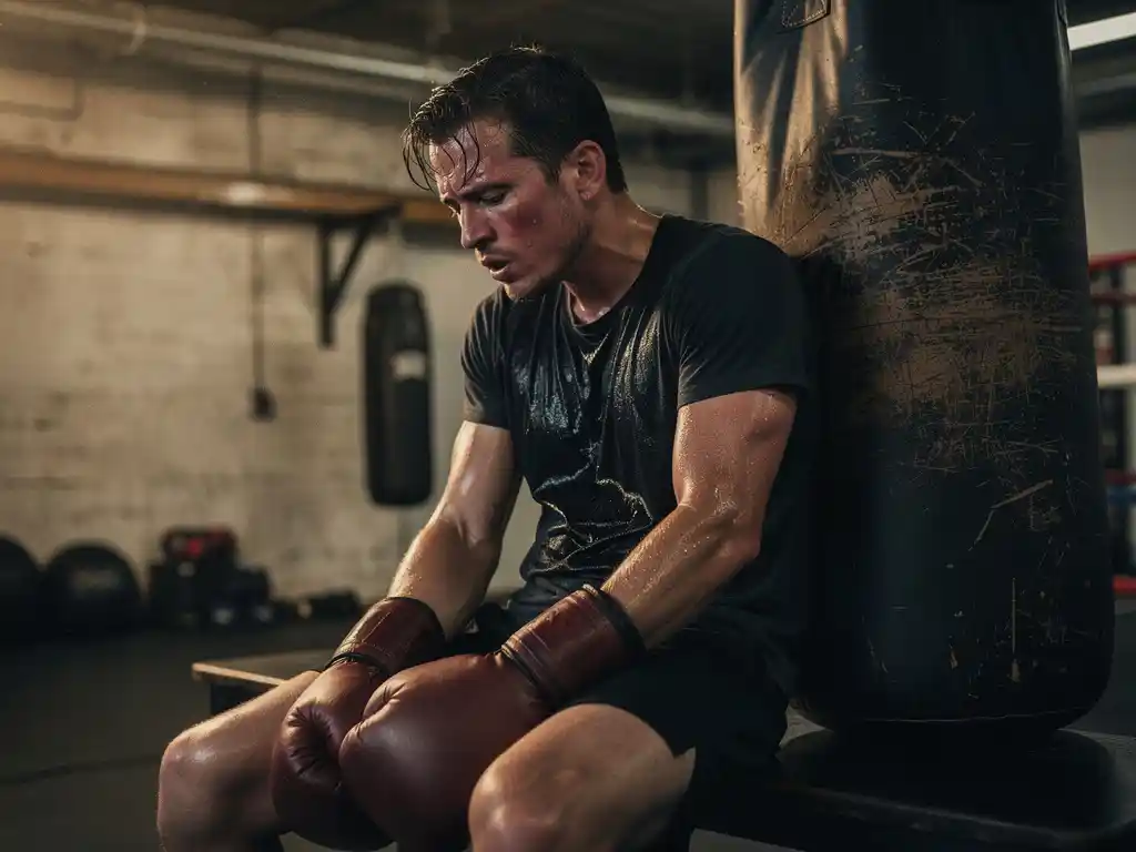 Uitgeputte boksbeginner in casual sportkleding leunend tegen een bokszak in een industriële gym, zweet op het gezicht.