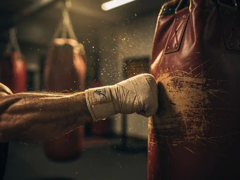 Gebandageerde vuisten slaan tegen een versleten bokszak in een sfeervolle gym, zweet bevroren in beweging, warm gouden licht.