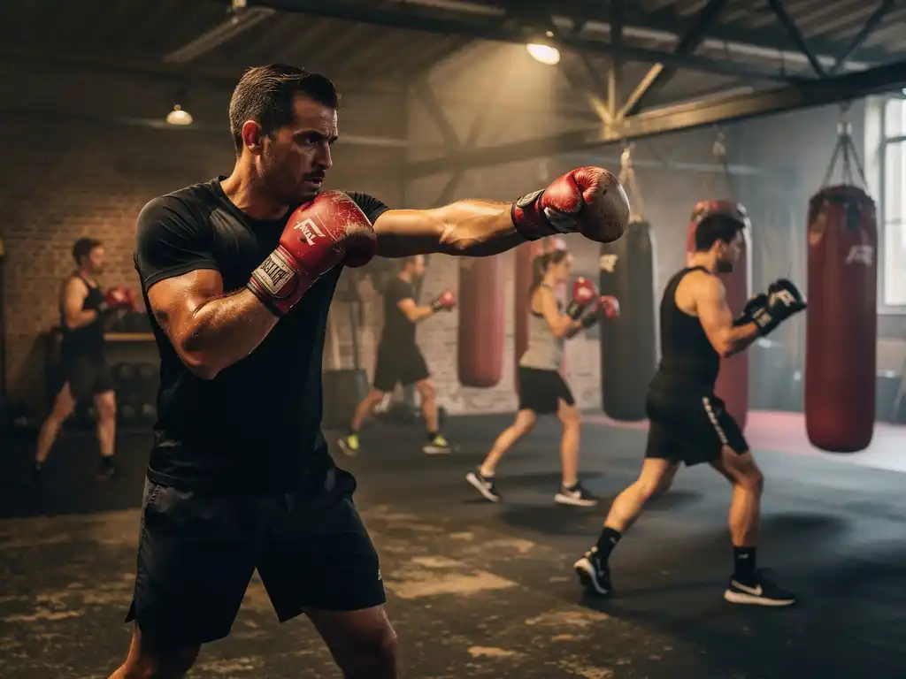 Boksinstructeur leidt groepsles in Amsterdamse gym, studenten trainen met bokshandschoenen aan heavy bags op industriële achtergrond.