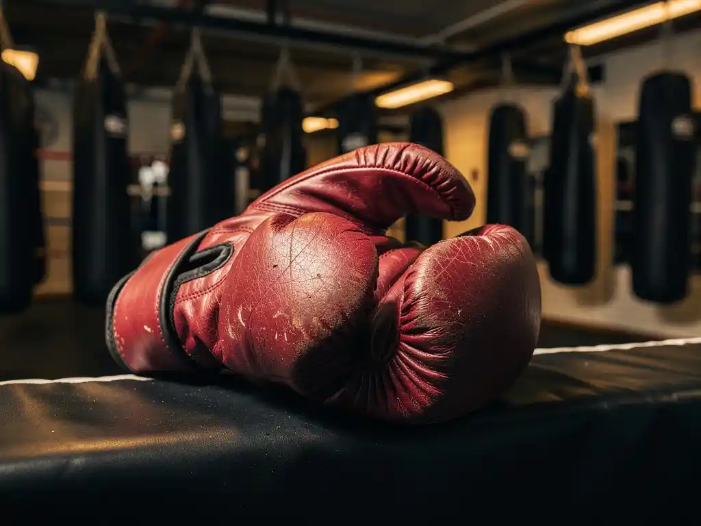 Versleten leren bokshandschoen op de rand van een boksring in een Amsterdamse gym, dramatisch zijlicht benadrukt de textuur.