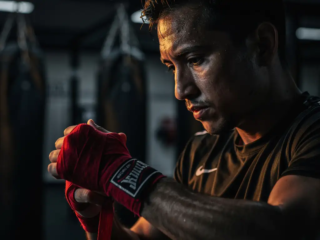 Kickbokser wikkelt handbandages in donkere gym met bokszakken op achtergrond, dramatisch zijlicht op vastberaden gezicht.