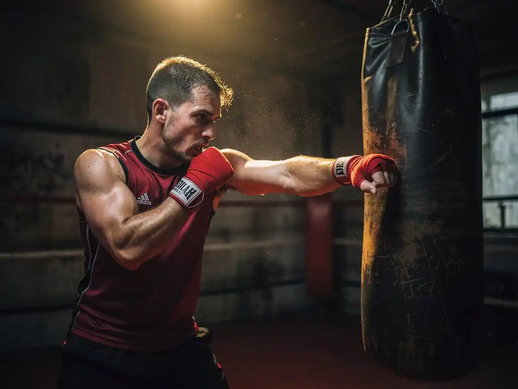 Kickbokser met handbandages voert een jab uit op een versleten bokszak in een sfeervolle gym met dramatische belichting.