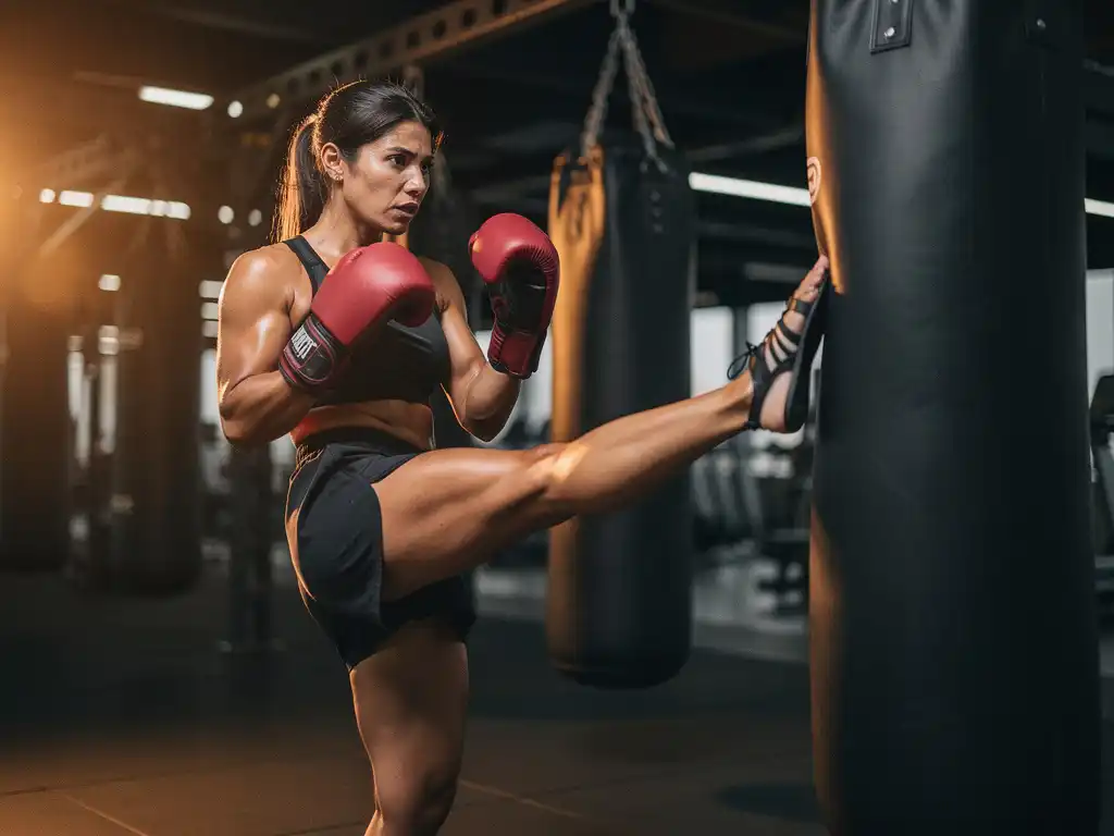 Vrouw in rode bokshandschoenen trapt krachtig tegen een bokszak in een moderne gym met warme amberkleurige verlichting.